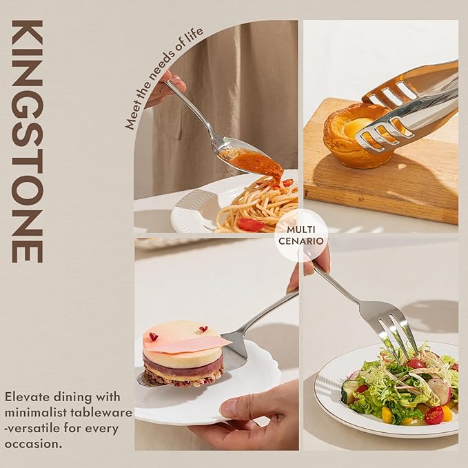 KINGSTONE 8 Piece Serving Utensils Set, 18/10 Stainless Steel Serving Utensils, Slotted Spoon, Serving Spoon, Fork, Tong, Soup Ladle, Cake Server for Buffet, Parties, Kitchen