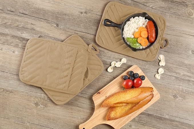 Oven Pot Holder with Pocket Cotton Heat Resistant Coaster Potholder Kitchen Hot Pad Oven Mitts for Cooking Square 7"x9"Set of 5 (Khaki)