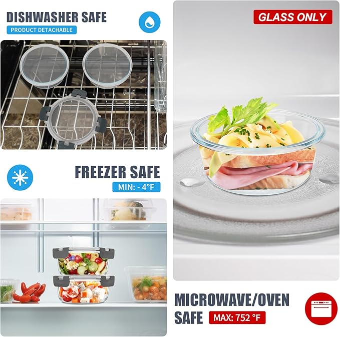 6 Pack Glass Food Storage Containers with Lids, Ideal for Meal Prep, Leftovers, Freezer to Microwave Safe (Grey, 21oz)
