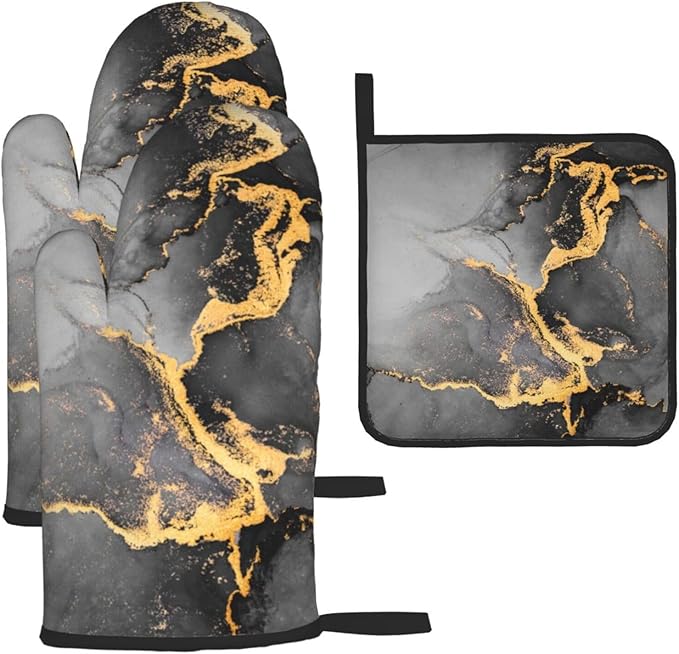 Black Gray Gold Marble Oven Mitts and Pot Holders Set Heat Resistant Abstract Modern Oven Gloves for BBQ Baking Grilling Cooking Kitchen Decor 3 Piece