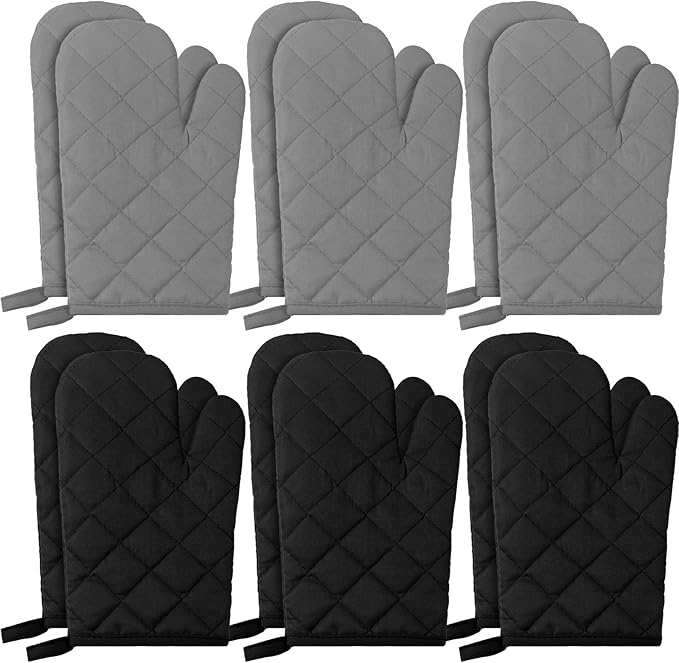 6 Pairs Heat Resistant Oven Mitts Kitchen Oven Gloves 11 Inch Long Quilted Cotton Polyester Kitchen Gloves for Cooking, Baking, Grilling BBQ (Black,Grey)