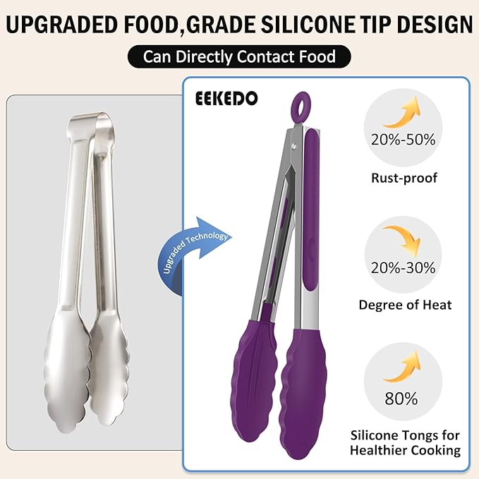Kitchen Tongs, Stainless Steel Cooking Tongs with Silicone Tips, 600ºF High Heat-Resistant Non Scratch Locking Tongs for Cooking BBQ Grilling Air Fryer Pans, Set of 3 (7" 9" and 12") Purple