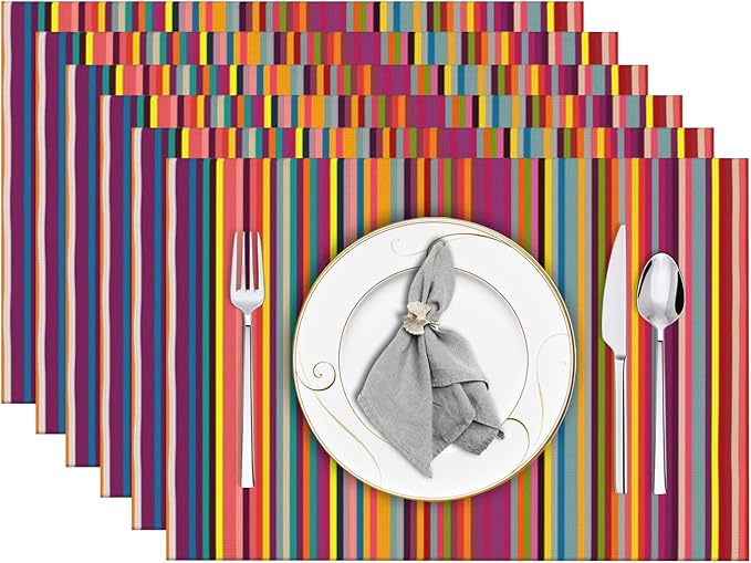 Niviy Bright Colorful Striped Placemats Set of 6, 12x18 Inch Rainbow Colored Geometric Pattern Table Mats for Holiday Party Kitchen Dining Room Decoration