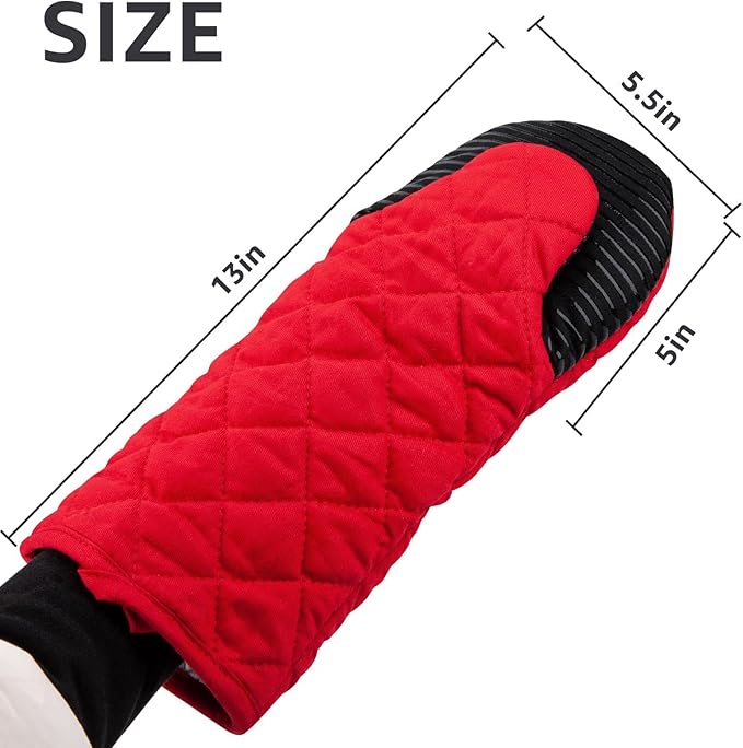 Puppet Oven Mitts Red Cotton Silicone Non-Slip Long Sleeve Arm Soft,Oven Gloves for Women Mum Hot 500℉ Heat Resistant Hand Safe Microwave Home Kitchen Chef Cooking Baking Cookie 13" 2 Pack
