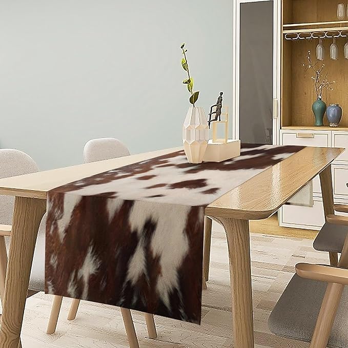Cow Print Table Runner, Rustic Country Farmhouse Animal Fur Skin Western Farm Brown Cowhide Print Dinner Runner for Home Kitchen Dining Table Decoration 13"x90"