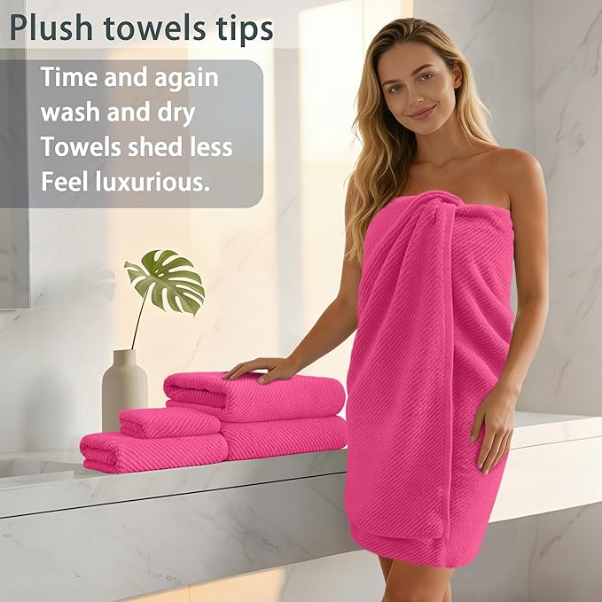 Hot Pink Towels - 100% Cotton, Soft, Quick Dry, Lightweight, Towel Set of 6, 2 Large Bath 30"x56", 2 Thick Hand 18"x28", 2 Absorb Washcloths 13"x13", Pink Bath Towel with Hanging Loop, Luxury Gift Set