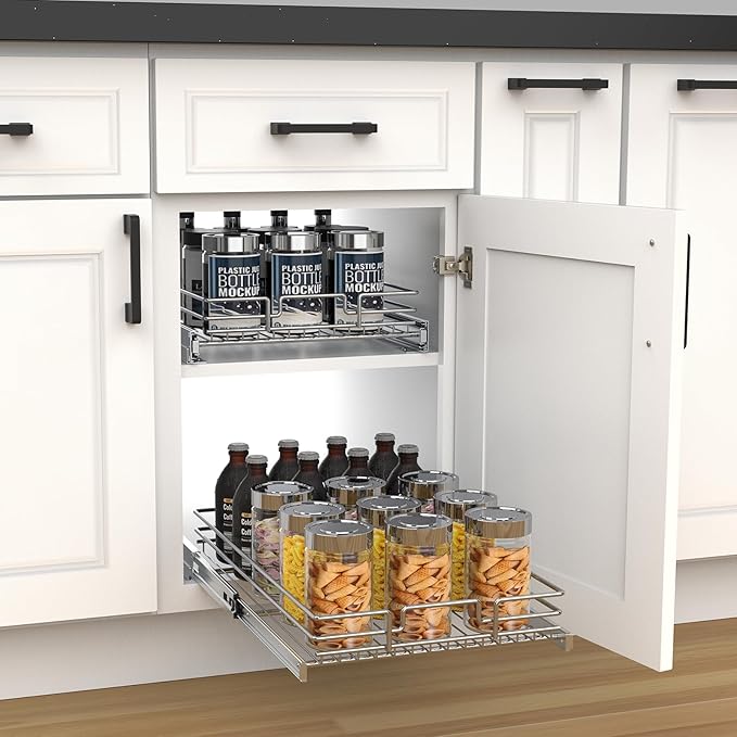 Pull Out Cabinet Organizer, Heavy-Duty Metal Sliding Drawer Shelf for Kitchen Cabinets, Chrome, Doesn't Include Door Fittings (23 * 21 IN)