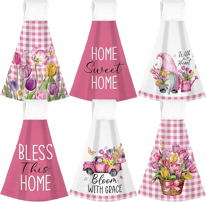 Tegeme 6 Pcs Hanging Kitchen Towels with Loop, Absorbent Hand Tie Towels Microfiber Decorative Fast Drying Kitchen Hanging Towel for Home Bathroom(Tulip)