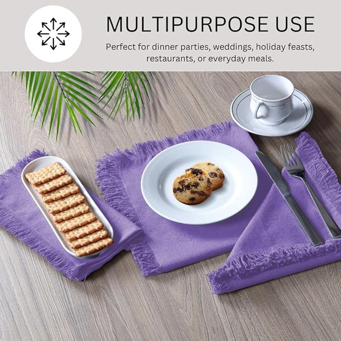 Cloth Dinner Napkins with Fringes 20x20 Inch 100% Cotton Set of 6 - for Dining Special Occasions Wedding Holidays Easter - Soft Durable Washable - Elegant Table Cloth Napkins Lavender/Purple