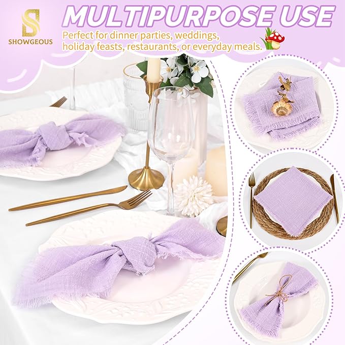 Showgeous 10 Pack Lavender Cloth Napkins with Fringe 16x16 inch 100% Cotton Purple Napkins Handmade Dinner Napkins Bulk Washable Soft Rustic Table Napkins for Wedding Parties Bridal Baby Shower