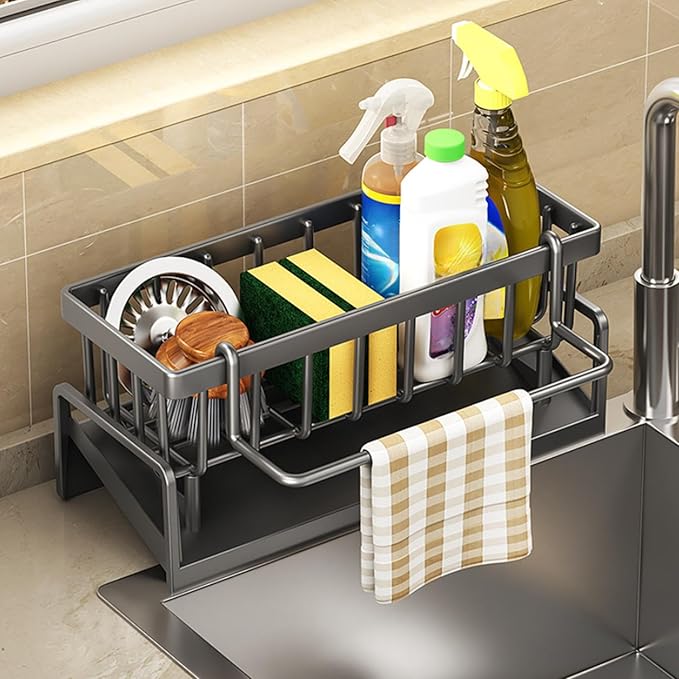Sponge Kitchen Sink Caddy Organizer Brush Sink Sponge With Auto Draining Tray, Self Drain Dish Soap Caddy, 9.05" Lx4.33 Wx3.93 H (gray)