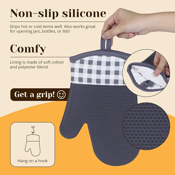 Amruta Pair of Silicone Shell Oven Mitts, 2 Pieces Heavy Duty Baking Kitchen Mitts for BBQ Microwave Stove, Heat-Resistant up to 500F, Oven Glove with Silicone Textured Grip (11 x 7 in, Grey)