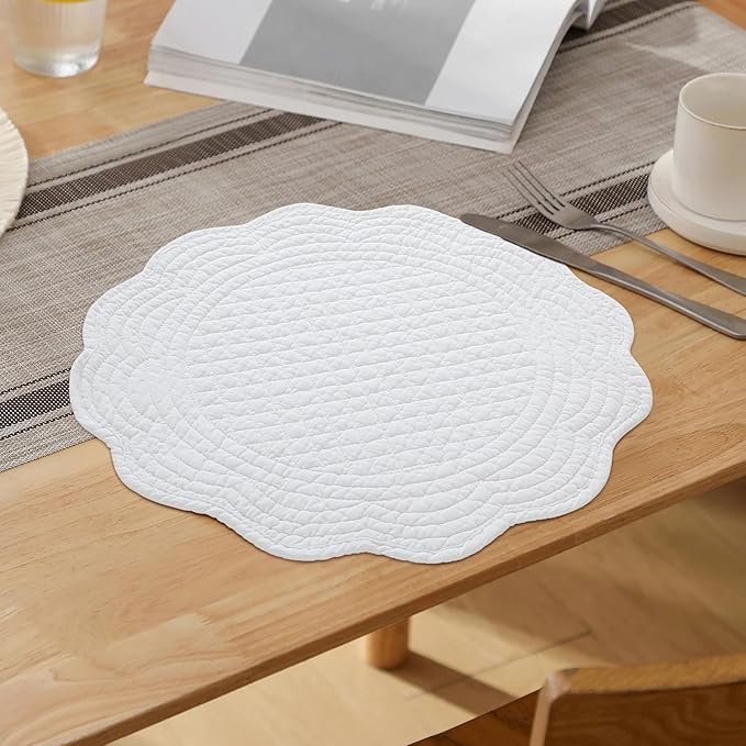 HOMBYS Quilted Placemats Set of 6 Washable Round Placemats for Kitchen Table-100% Cotton Fabric 14 Inch Round Table Mats, Cotton Fabric with Microfiber Filling, (14"x14", Pure White)