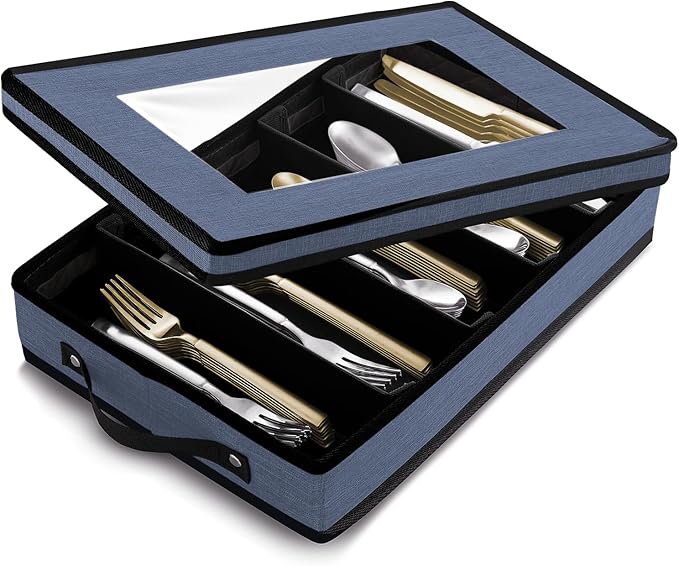 Flatware & Utensil Storage, Durable Silverware Storage Box with Padded Dividers, 5 Compartment Flatware Storage Case, Silverware Case with Handles, Protects and Organizes Cutlery, Blue
