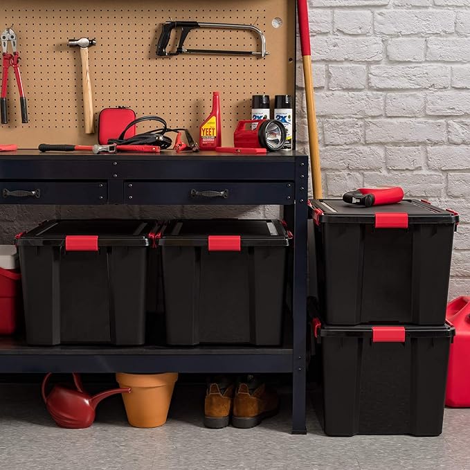 IRIS USA WeatherPro 74 Qt Storage Bins with Lids, 3 Pack, BPA-Free Plastic Gasket Box with Tight Latch and Seal, Stackable Nestable Tote Tub - Black/Red