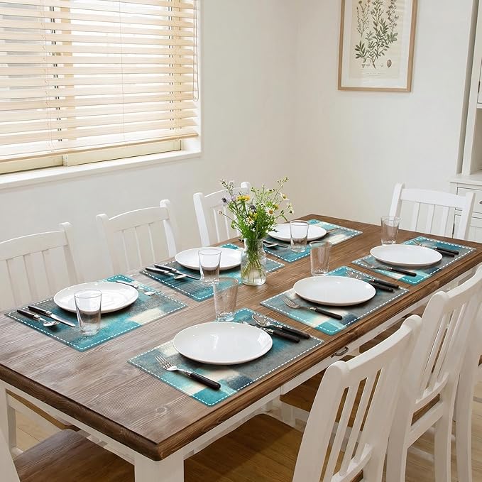 Emvency Farmhouse Placemats Set of 6,12x18 Inch Linen Rectangular Place Abstract Modern Teal Blue Coastal Table Mats for Indoors & Outdoor Home Party Kitchen Dining Decoration