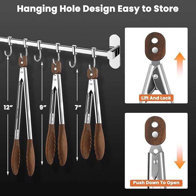 Wooden Tongs for Cooking Set of 3-7, 9, 12 inch Natural Walnut Kitchen Tongs with Stainless Steel, Heat Resistant Non-Scratch Utensils for Grilling, Serving, Salad, BBQ