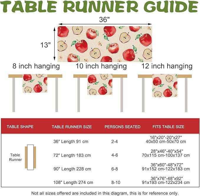 Watercolor Apples Table Runner, Sweet Fruit Kitchen Dining Table Decoration, Spring Summer Burlap Indoor Outdoor Home Decor Party Supply 13 x 36 Inches