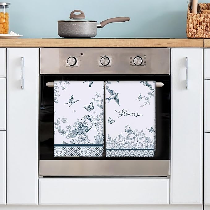 Chinoiserie Floral Bird Tea Towels, Rustic Vintage Cotton Kitchen Towel 18.9×27.5 inch, Quick Drying Dish Cloth for Party Anniversary Holiday Decoration, Housewarming Gifts for Mom