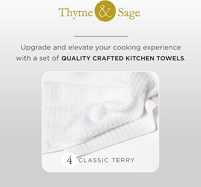 Thyme and Sage 100% Cotton Premium Turkish Kitchen Hand Towel Set, 16"x26", Ultra Absorbent, 350 GSM, White, Pack of 4