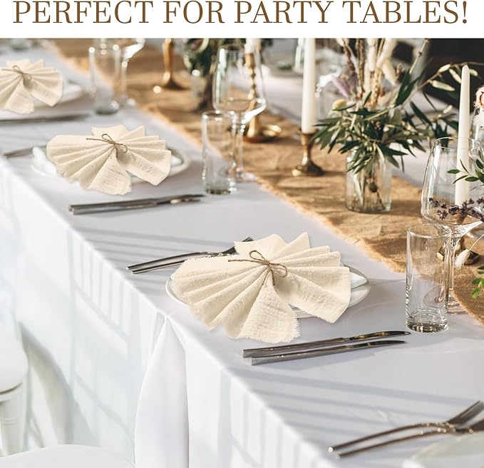 Preboun 24 Pcs Fringe Napkins Bulk Cloth Cotton Soft 17 x 17 Inch Rustic Reusable Washable Festive Square Table Napkins with Fringe for Parties Wedding Restaurant Table Accessory(Ivory)