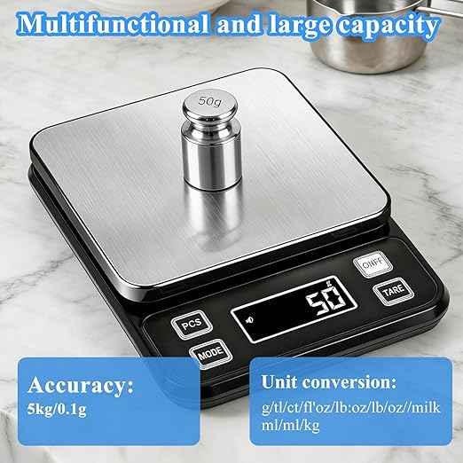Full Waterproof Digital Scale IP67,5kg Capacity 0.1g Accuracy Kitchen Scale with Type-C Charging Tare Function Stainless Steel Platform for Baking Seafood Food Processing Hardware Counting