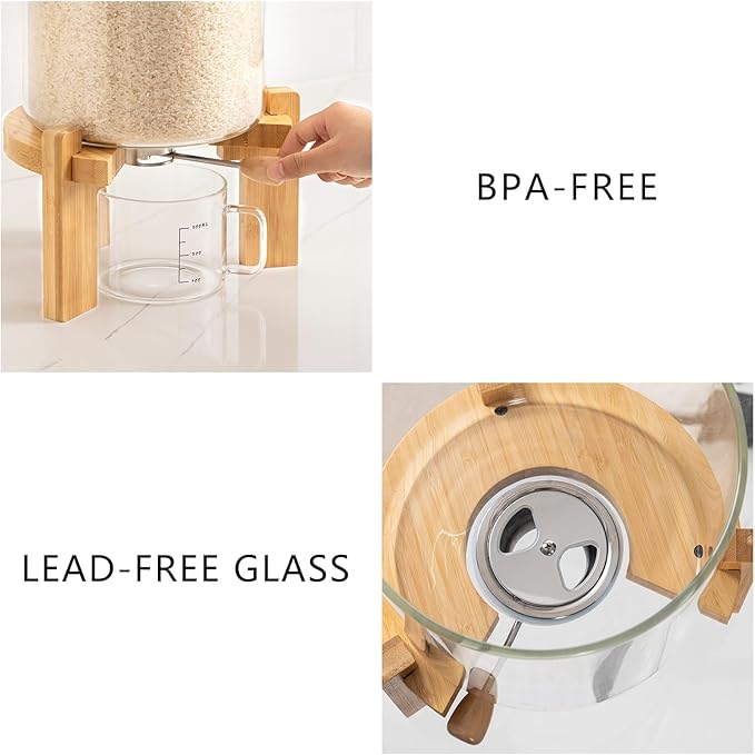 8-10 Lbs Glass Rice Dispenser with Wooden Stand Flour and Cereal Container with Glass Measuring Cup Pantry Food Organization Storage Bin with Airtight Bamboo Lid, 5L