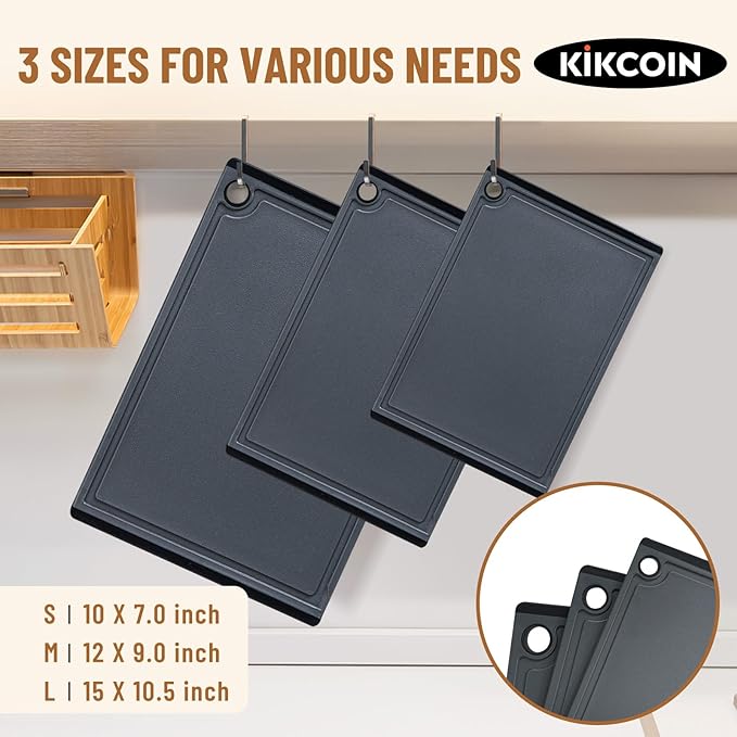 Kikcoin Plastic Cutting Boards for Kitchen, 3-Piece Large Cutting Board Set Dishwasher Safe Chopping Boards with Non-slip Feet and Juice Grooves, Gray