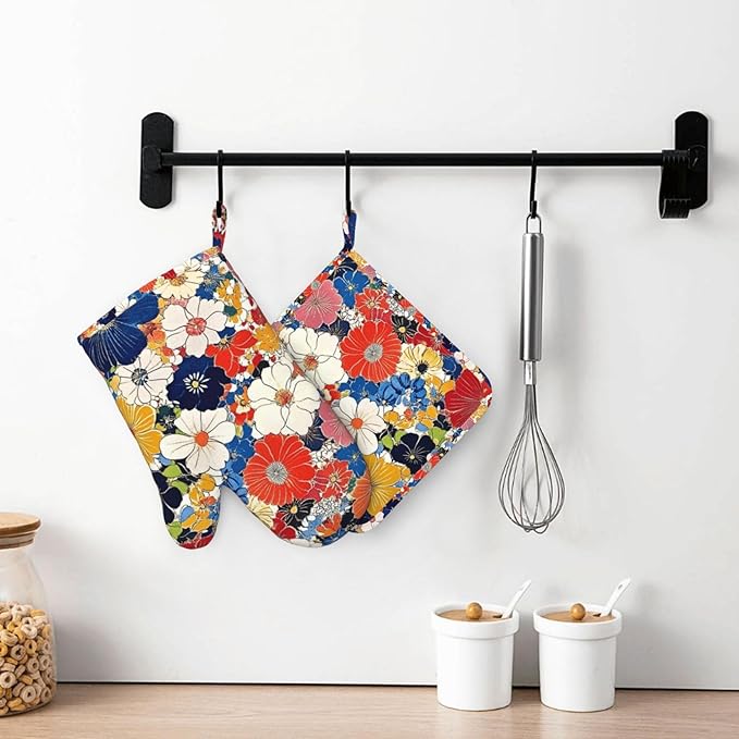 Oven Mitts and Pot Holders Colorful Flower Ethnic Art Silicone Kitchen Accessories Set of 2 Heat Resistant Long Gloves Potholder Non-Slip Grip for Chef Cooking,Baking,Grilling,BBQ
