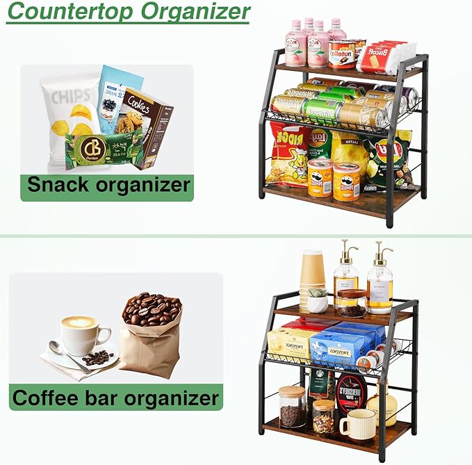 Kitchen Countertop Organizer, Snack Organizer Candy Display Stand Coffee Station Organizer, 3 Tier Wooden Counter Storage for Soda Cans Condiment Tea, for Pantry Office Bathroom, White (Black)