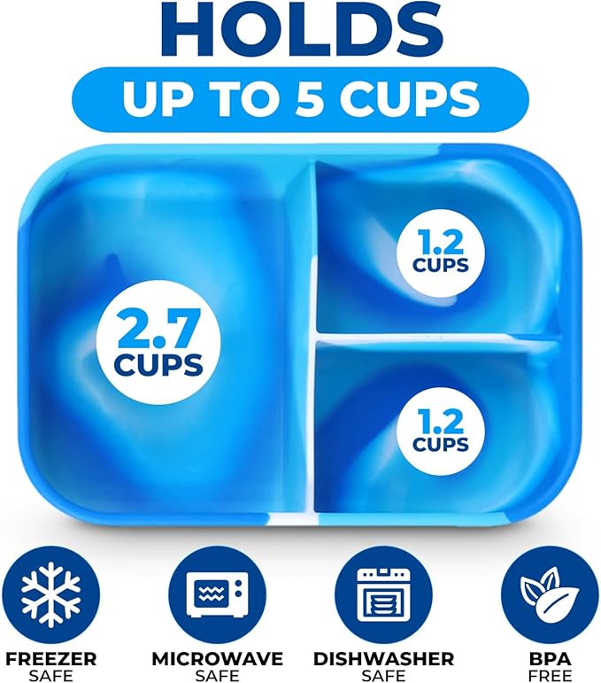 kinsho Silicone Bento Box Lunch Box For Kids Toddlers Teens, Reuseable Eco Snack And Meal Container For School Daycare Or Travel, 5 Cup /40 Oz Large Capacity, Blue