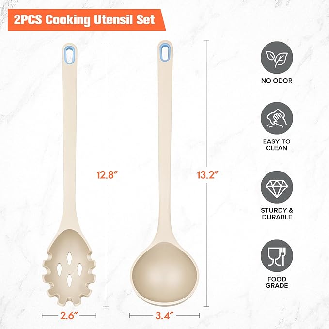 Silicone Spaghetti Spoon&Soup Ladle Cooking Utensils Set of 2,No Scratch for Nonstick Cookware,BPA Free, 450℉ Heat Resistant (KHAKI)