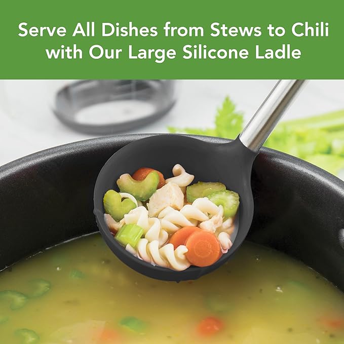 Tovolo Silicone Ladle With Stainless Steel Handle Deep Soup Ladle for Cooking Canning Serving Soup Punch Stew Sauce, Large Kitchen Utensil Spoon Dishwasher Safe BPA Free Silicone Black