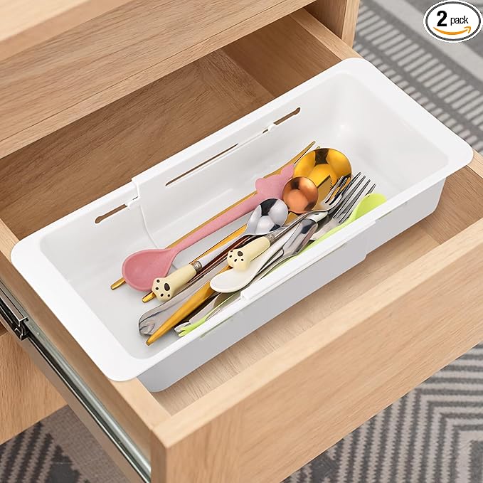 Booson 2 PCS Deep Drawer Organizer Bin Adjustable Sliding Drawer Organizers Expandable Kitchen Organizer Trays for Home Office Makeup Storage Tools