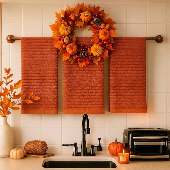 Serafina Home Kitchen Dish Towels for Hands Drying Cleaning Burnt Orange Rust 100% Cotton Soft Cloth Absorbent Terry Loop, Set of 3 Multipurpose Everyday Use Large Oversized 18" x 28"