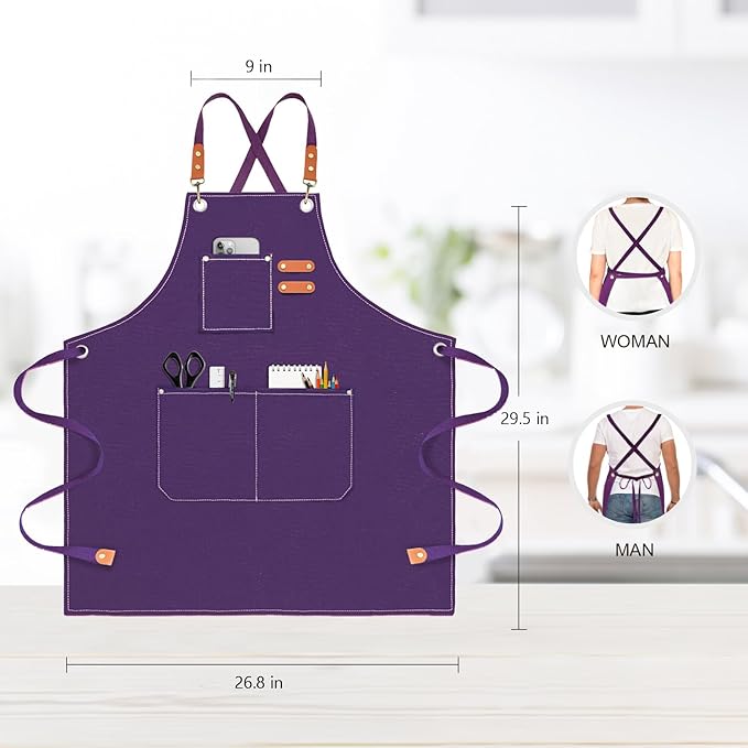 OUNLEN Chef Apron for Men Women Canvas Aprons with 3 Pockets Cross Back Resistant Work Apron for Cooking