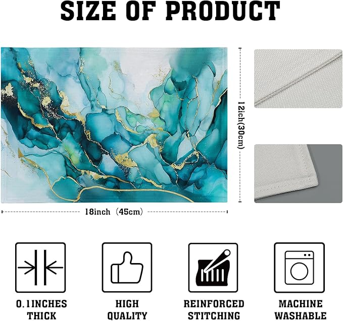 Giwawa Teal Marble Placemats Set of 4- Turquoise Blue Gold Marbling Linen Place Mat 12x18 Inch- Modern Stone Print Washable Heat Resistant Table Mats for Kitchen Dining Indoor Outdoor Decor