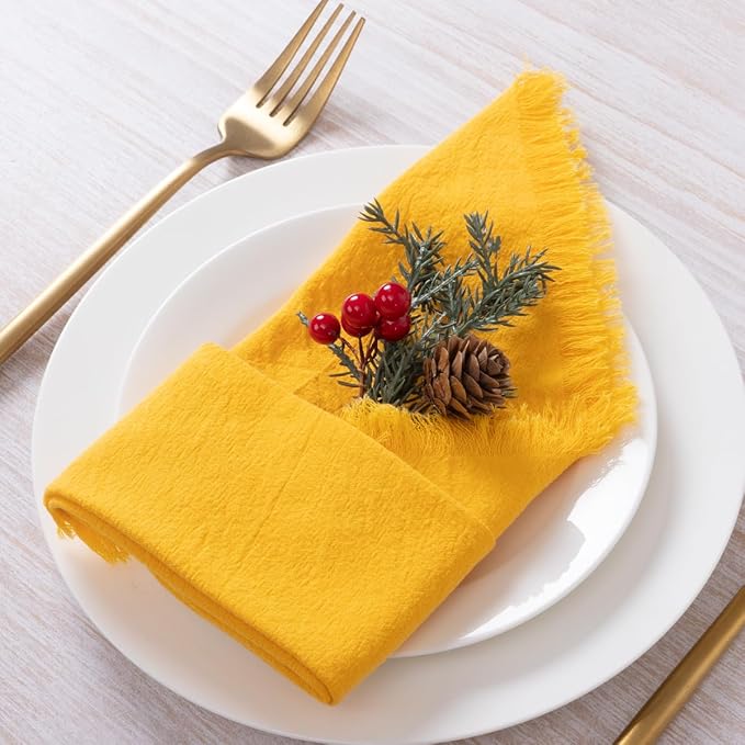 DeZerlor 6 Pack Gold Cotton Linen Napkins with Fringe Thanksgiving Fall Cloth Napkins Set of 6 Boho Handmade Dinner Table Napkins Bulk for Wedding Bridal Baby Shower Christmas Parties, 17 x 17 Inches