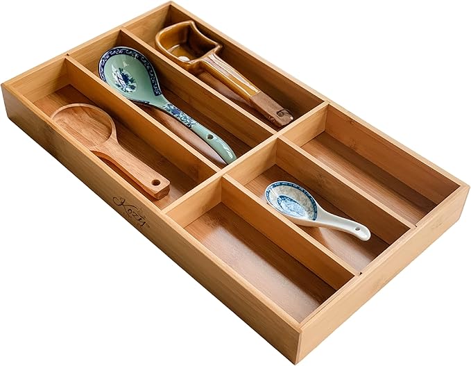 Premium Bamboo Drawer Organizer – 6-Compartment Wood Finish Organizer for Kitchen, Office, or Clothing