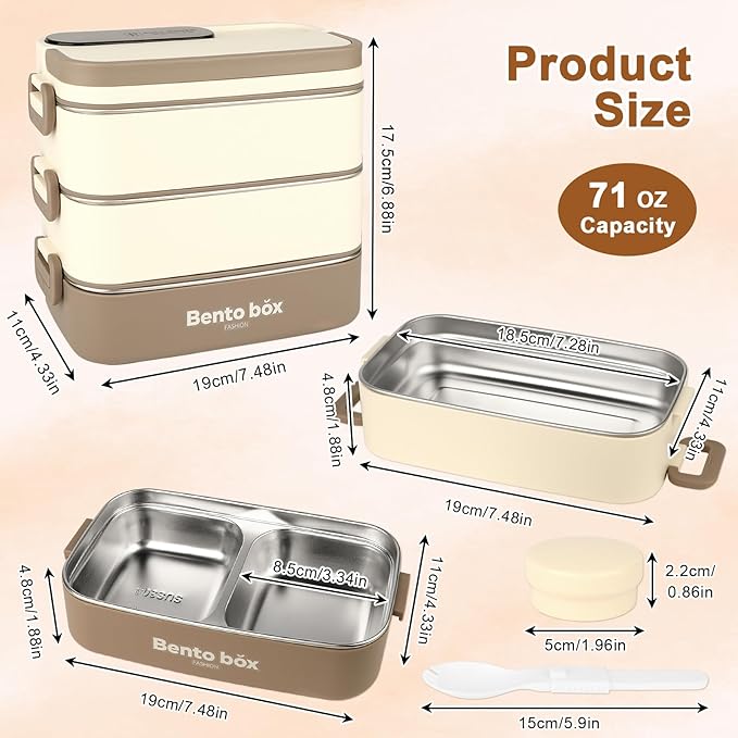 Suteng Triple-Layer Bento Box Adult All-in-One Design | 2.1L Stainless Steel Lunch Containers for Adults | Leakproof Microwave-Safe Food Container with Cutlery(Spoon) & Hidden Handle | Beige