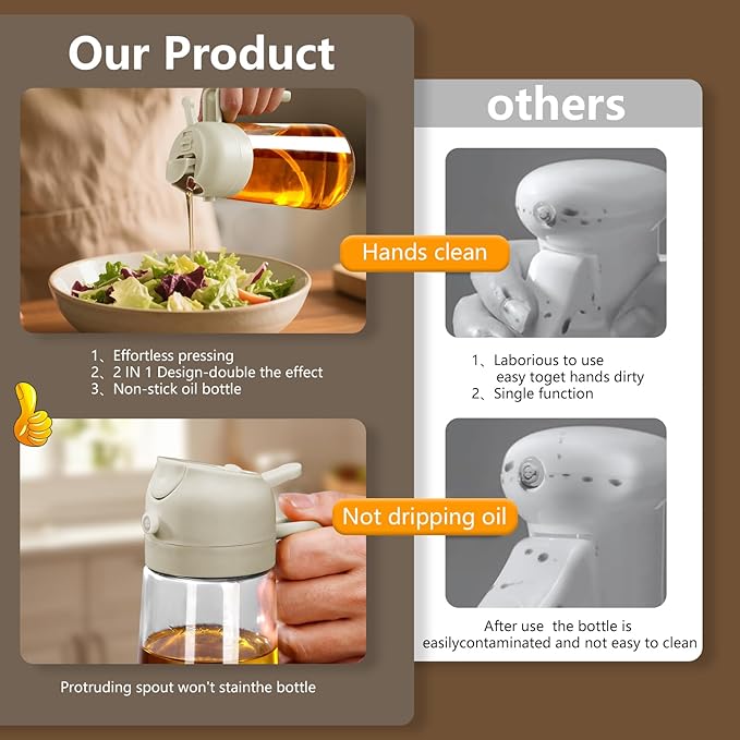 SWEET VIEW Oil Sprayer for Cooking, 16oz/470ml Glass Oil Dispenser/Pour Bottle, Kitchen Accessories, Kitchen Gadgets for Air Fryer, Salad, BBQ, with Stickers (White)