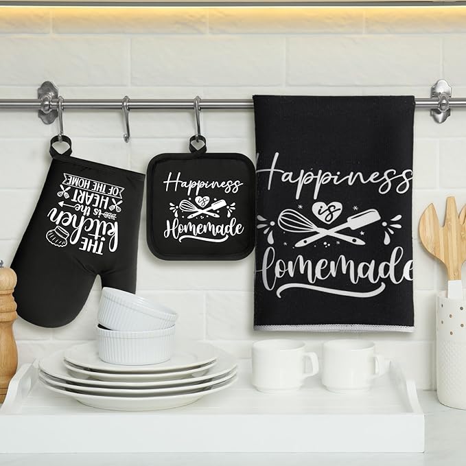 Sratte 6 Pcs Kitchen Decor Accessories Set Farmhouse Towels Pot Holders Oven Mitts Set 2 Dish Towels 2 Potholders 2 Cooking Mittens Oven Glove for Christmas Baking Cooking Supply(Black,Kitchen)