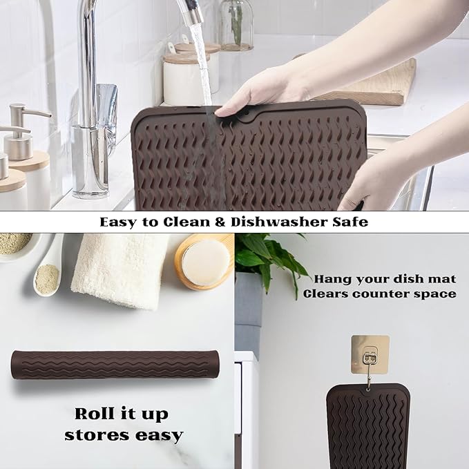 ZLR Silicone Dish Drying Mat & Heat Resistant Trivet (12" x 16") - Waterproof Counter Protector for Air Fryer, Coffee Maker - Non-Slip, BPA Free Kitchen Pad, Easy Clean Dishwasher Safe (Coffee)