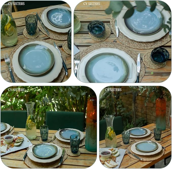 Round Placemats Set of 2 Natural Water Hyacinth Woven Placemats Farmhouse Boho Place Mats Wipeable Braided Placemat Heat Resistant Wicker Outdoor Placemat for Patio Table 13.4“