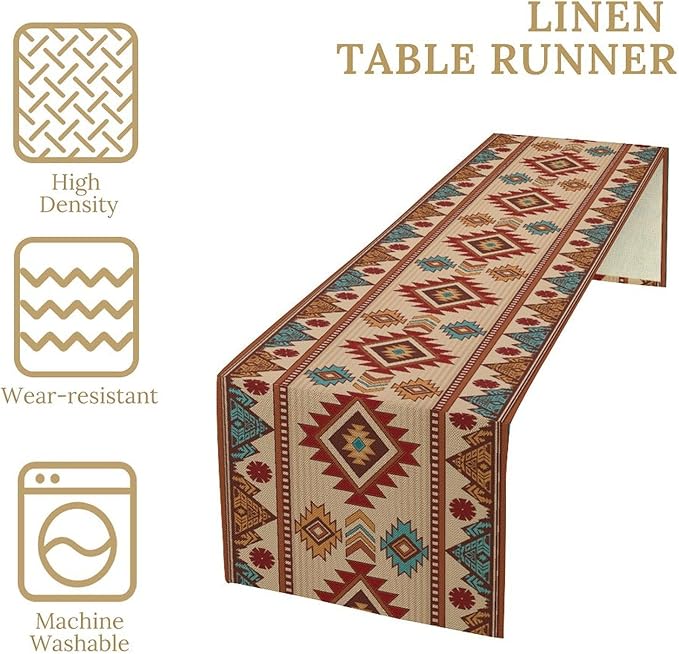 Retro Aztec Table Runner Western Native American Tribal Art Printed Runner for Home Kitchen Dining Table Living Room Decor Fabric 1 Panel W13xL36in