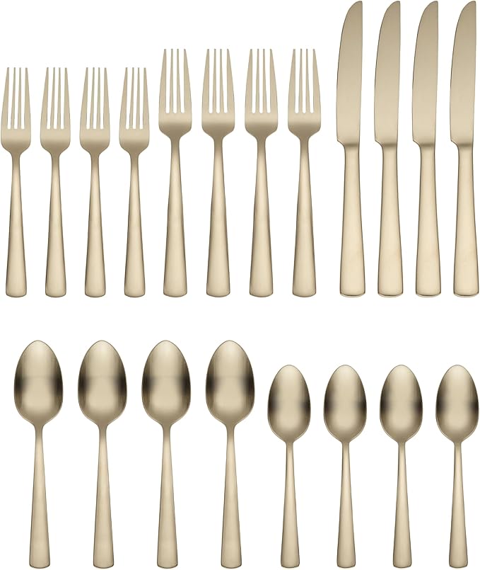 Oneida Silverware Set For 4, Aptitude Champagne Satin 20-Piece Flatware Set, Service For 4, 18/0 Stainless Steel Silverware Set, Dishwasher Safe, Knives Spoons and Forks Set, (Champagne, 20 Piece)