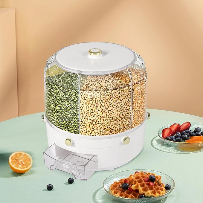 6 Grids Grain Dispenser Can, 360°Rotating Cereal Rice & Grain Storage Container Rotatable Sealed Grain Food Storage Bucket Dry Food Grain Dispenser for Grains Rice Dry Food Beans (13.2Lbs White)