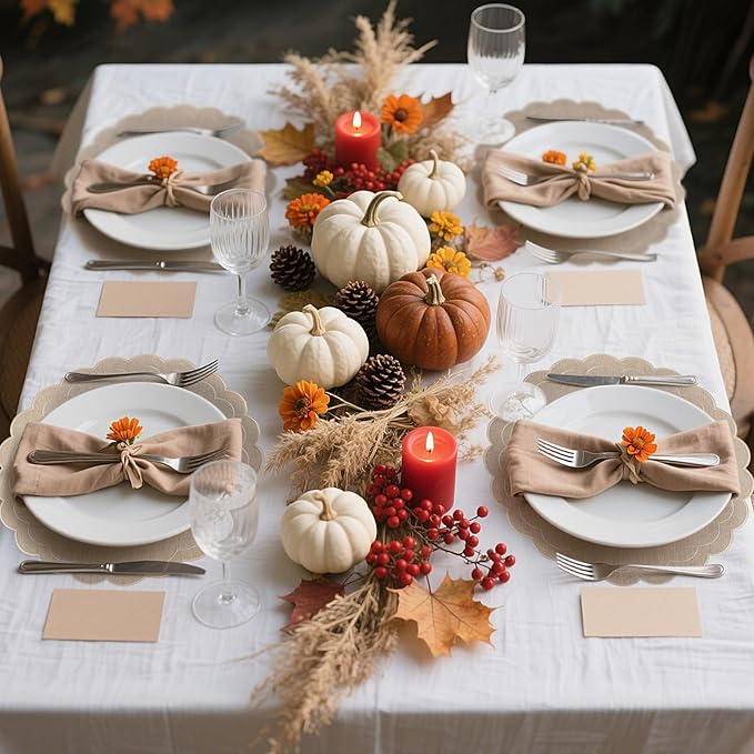 Set of 6 Cotton Linen Placemats, 15 Inch Linen Color Scalloped Flower Embroidery Cloth Table Mats Double Layered Fabric Machine Washable Wrinkle Free Dining Placemat for Hotel Restaurant Kitchen