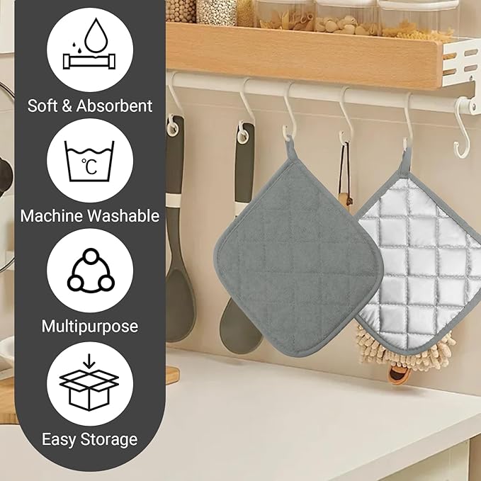 4 Pcs Quilted Pot Holder, Cotton Heat Resistant Hot Pads for Kitchen, Countertops, Oven Pot Holders (Grey)