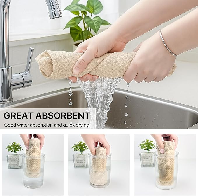 100% Cotton Waffle Weave Kitchen Towels, 4 Pack Dish Cloths for Washing Dishes, Ultra Soft Absorbent Dish Towels, Quick Drying Kitchen Rags, 13x28 Inches, Beige